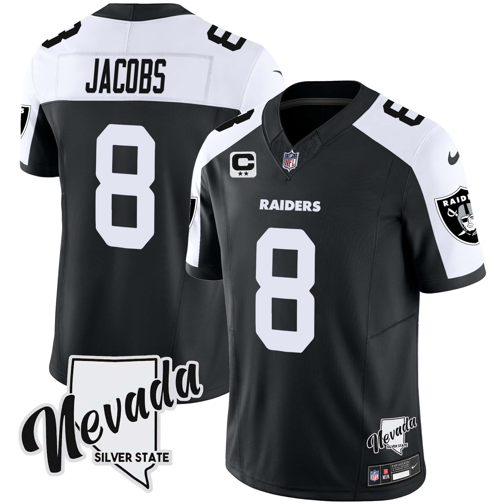 Men Oakland Raiders 8 Jacobs Black 2024 Nike Nevada Silver State Patch Vapor NFL Jersey